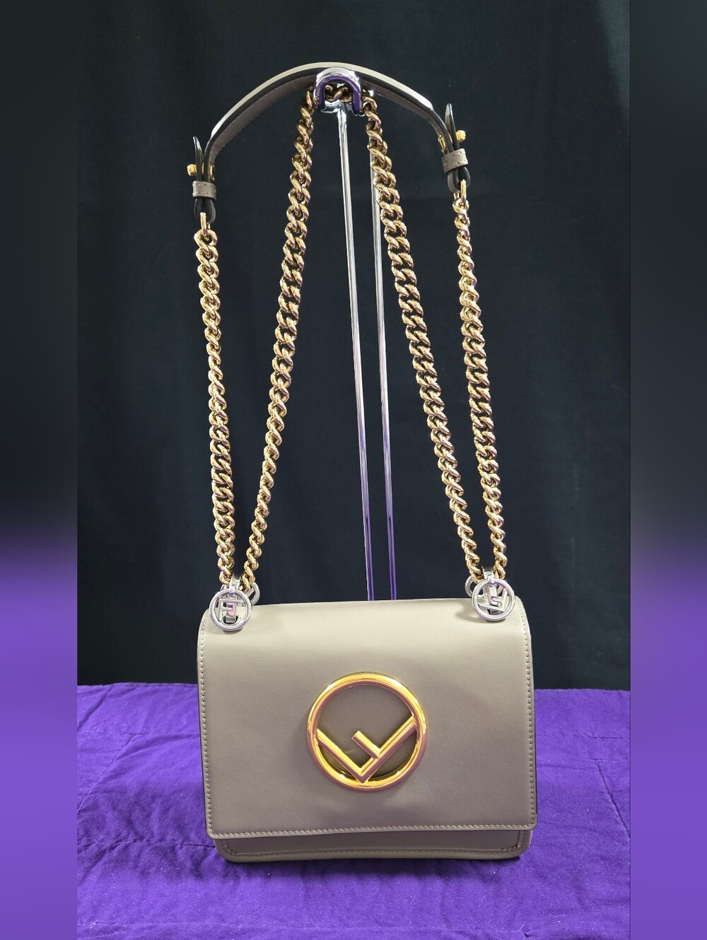 EUC Fendi FF Kan Taupe Shoulder Bag With Gold-Silver Hardware